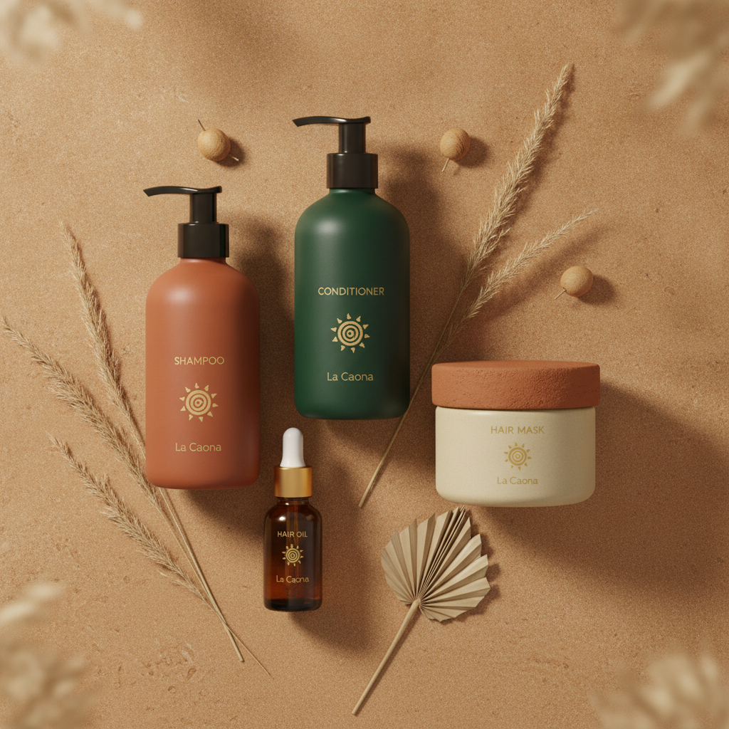The four La Caona products: shampoo, conditioner, hair oil, and hair mask